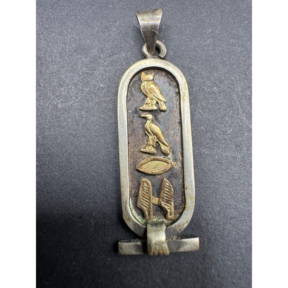 Vtg Marked Silver Gold Tone Egyptian Cartouche Hieroglyphics Pendant Hallmark